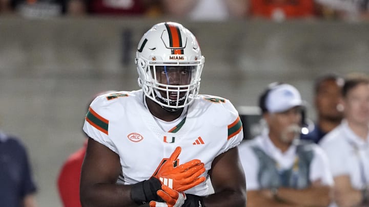 Oct 5, 2024; Berkeley, California, USA; Miami Hurricanes defensive lineman Rueben Bain Jr. (4) during the first quarter against the California Golden Bears at California Memorial Stadium. Mandatory Credit: Darren Yamashita-Imagn Images