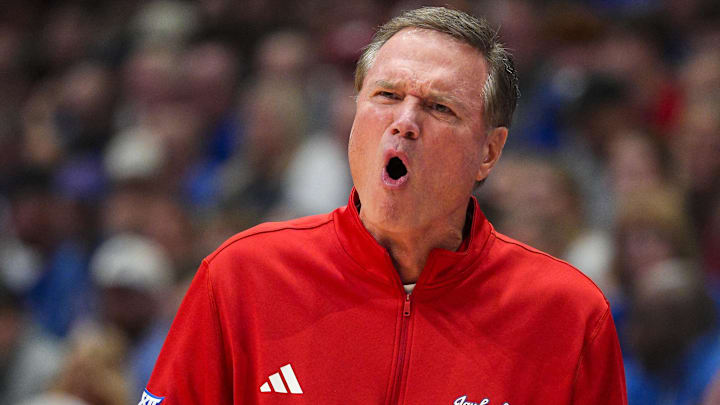 Nov 3, 2025; Lawrence, Kansas, USA; Kansas Jayhawks head coach Bill Self reacts during the first half against the Green Bay Phoenix at Allen Fieldhouse. Mandatory Credit: Jay Biggerstaff-Imagn Images