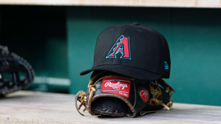 Apr 4, 2025; Washington, District of Columbia, USA; A detailed view of an Arizona Diamondbacks hat at the game between the Washington Nationals and the Arizona Diamondbacks at Nationals Park. Mandatory Credit: Reggie Hildred-Imagn Images