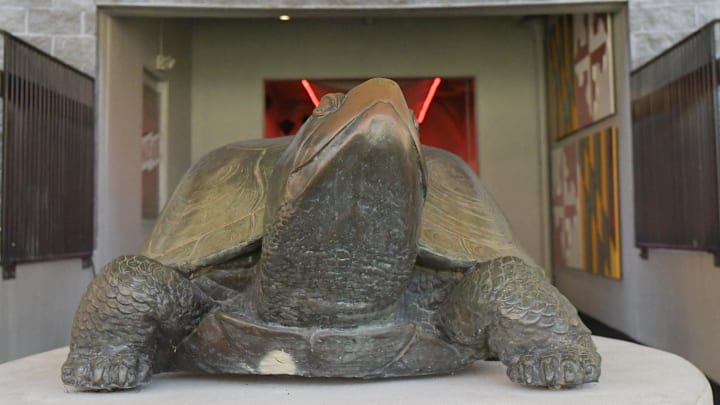 Sep 2, 2023; College Park, Maryland, USA; Testudo the Terrapin, the Maryland Terrapins mascot in the Mark L. Butler tunnel at SECU Stadium.