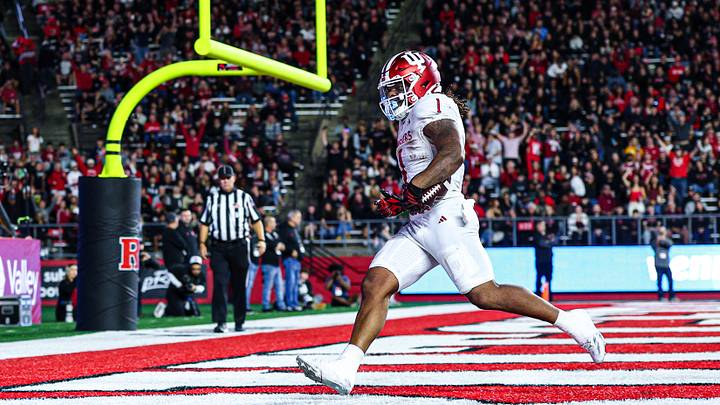 Oct 3, 2026; Piscataway, New Jersey, USA; Indiana Hoosiers running back Turbo Richard (1) scores a on touchdown reception during the first half against the Rutgers Scarlet Knights at SHI Stadium. Mandatory Credit: Vincent Carchietta-Imagn Images Oct 3, 2026; Piscataway, New Jersey, USA; Indiana Hoosiers running back Turbo Richard (1) scores a on touchdown reception during the first half against the Rutgers Scarlet Knights at SHI Stadium. Mandatory Credit: Vincent Carchietta-Imagn Images