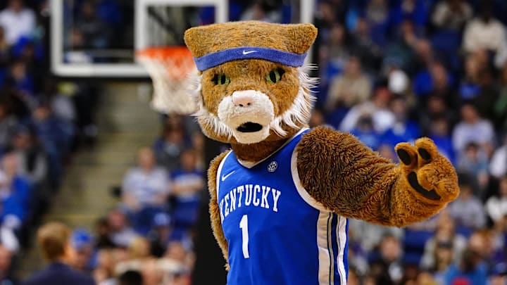 Mar 19, 2023; Greensboro, NC, USA; The Kentucky Wildcats mascot during the game against Kansas State Wildcats in the second round of the 2023 NCAA men   s basketball tournament at Greensboro Coliseum. Mandatory Credit: John David Mercer-Imagn Images
