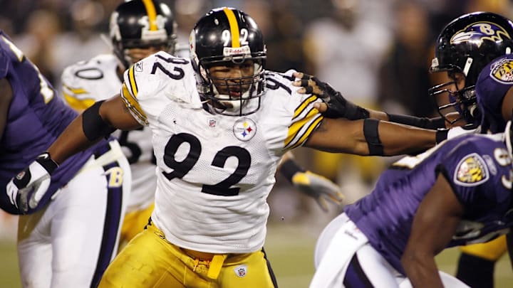 December 14, 2008; Baltimore, MD, USA; Pittsburgh Steelers linebacker James Harrison (92) chases the play against the Baltimore Ravens in the fourth quarter at M&T Bank Stadium. The Steelers won 13-9. Mandatory Credit: Geoff Burke-Imagn Images