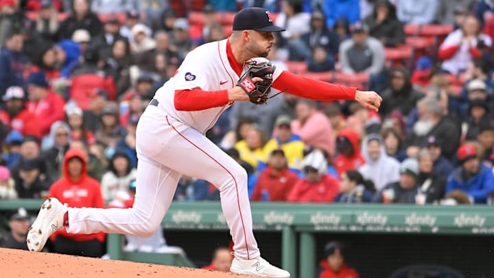 Boston Red Sox reliever Joe Jacques throws during a game against the Cleveland Guardians on April 18, 2024, at Fenway Park.