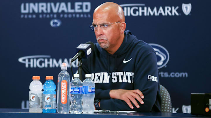 Oct 11, 2025; University Park, Pennsylvania, USA; Penn State Nittany Lions head coach James Franklin answers questions from the media following the game against the Northwestern Wildcats at Beaver Stadium. Mandatory Credit: Matthew O'Haren-Imagn Images Oct 11, 2025; University Park, Pennsylvania, USA; Penn State Nittany Lions head coach James Franklin answers questions from the media following the game against the Northwestern Wildcats at Beaver Stadium. Mandatory Credit: Matthew O'Haren-Imagn Images