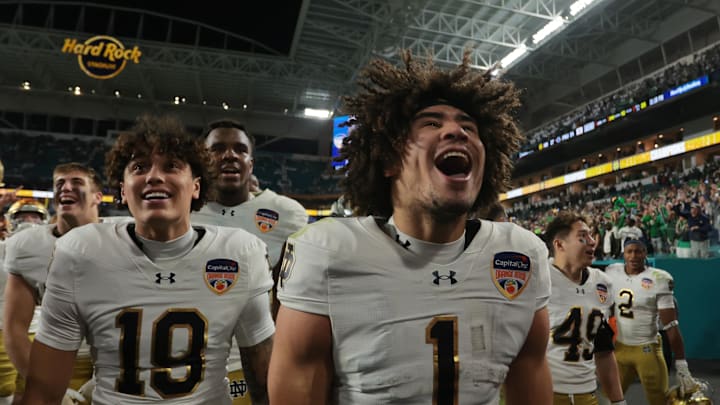 Jan 9, 2025; Miami, FL, USA; Notre Dame Fighting Irish wide receiver Jaden Greathouse (1) celebrates after defeating the Penn State Nittany Lions in the 2024 Orange Bowl in the Orange Bowl at Hard Rock Stadium. 