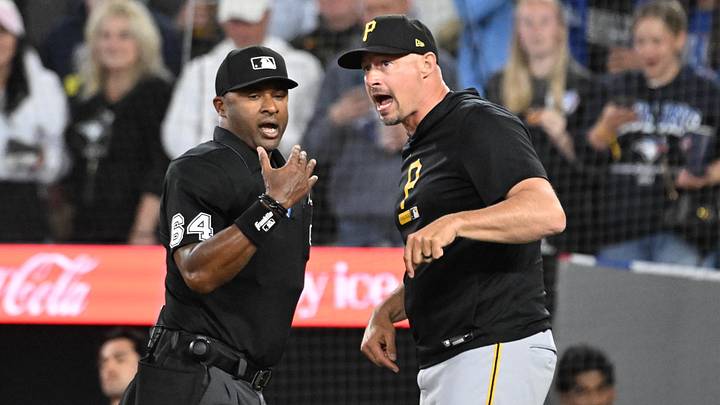 May 23, 2026; Toronto, Ontario, CAN; Pittsburgh Pirates manager Don Kelly (12) is ejected by home plate umpire Alan Porter (64) in the sixth inning against the Toronto Blue Jays at Rogers Centre. Mandatory Credit: Dan Hamilton-Imagn Images May 23, 2026; Toronto, Ontario, CAN; Pittsburgh Pirates manager Don Kelly (12) is ejected by home plate umpire Alan Porter (64) in the sixth inning against the Toronto Blue Jays at Rogers Centre. Mandatory Credit: Dan Hamilton-Imagn Images