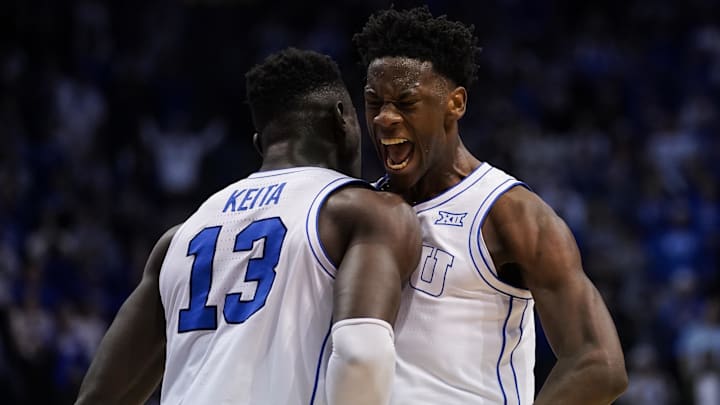 Mar 7, 2026; Provo, Utah, USA; BYU Cougars forward AJ Dybantsa (3) and forward Keba Keita (13) reacts during the second half against the Texas Tech Red Raiders at Marriott Center. Mandatory Credit: Aaron Baker-Imagn Images 