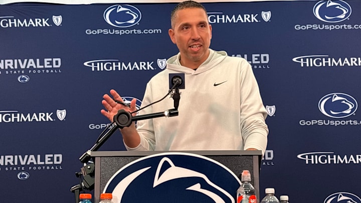 Penn State Nittany Lions football coach Matt Campbell speaks at a press conference at Beaver Stadium.
