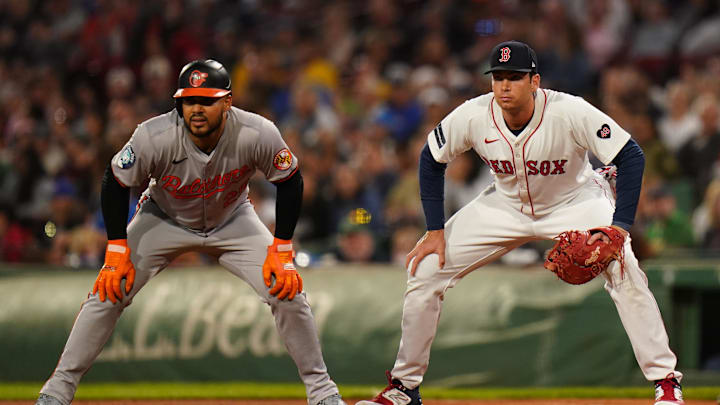 Sep 11, 2024; Boston, Massachusetts, USA; Baltimore Orioles designated hitter Anthony Santander (25) at first base with Boston Red Sox first baseman Triston Casas (36) in the first inning at Fenway Park. Mandatory Credit: David Butler II-Imagn Images Sep 11, 2024; Boston, Massachusetts, USA; Baltimore Orioles designated hitter Anthony Santander (25) at first base with Boston Red Sox first baseman Triston Casas (36) in the first inning at Fenway Park. Mandatory Credit: David Butler II-Imagn Images