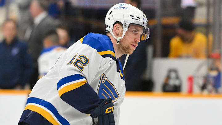 Mar 27, 2025; Nashville, Tennessee, USA;  St. Louis Blues center Radek Faksa (12) warms up before a game against the Nashville Predators at Bridgestone Arena. Mandatory Credit: Steve Roberts-Imagn Images