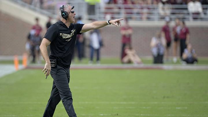 Oct 11, 2025; Tallahassee, Florida, USA; Florida State Seminoles head coach Mike Norvell during the second half against the Pittsburgh Panthers at Doak S. Campbell Stadium. Mandatory Credit: Melina Myers-Imagn Images
