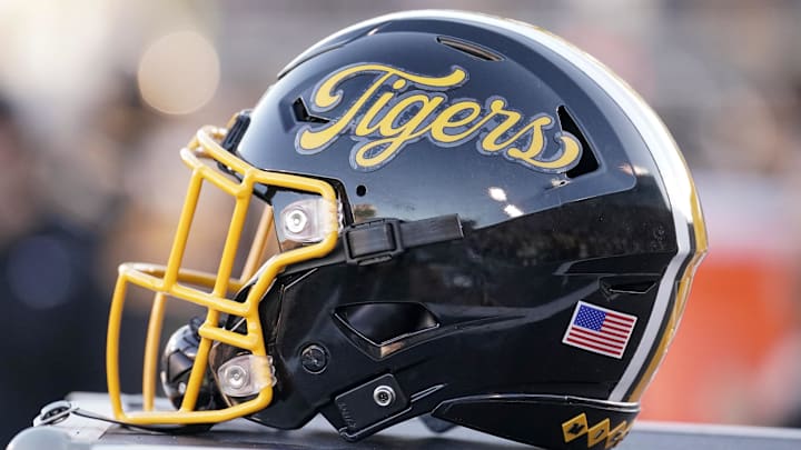 Nov 25, 2022; Columbia, Missouri, USA; A helmet of a Missouri Tigers player during the first half against the Arkansas Razorbacks at Faurot Field at Memorial Stadium. Mandatory Credit: Denny Medley-Imagn Images