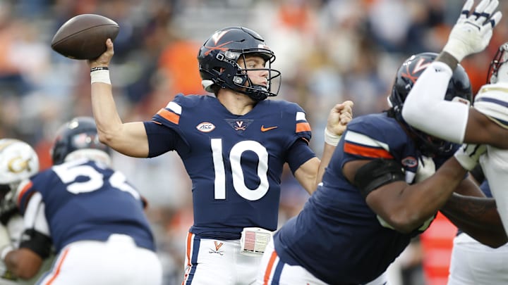 Nov 4, 2023; Charlottesville, Virginia, USA; Virginia Cavaliers quarterback Anthony Colandrea (10) throws the ball against the Georgia Tech Yellow Jackets during the second half at Scott Stadium. Mandatory Credit: Amber Searls-Imagn Images Nov 4, 2023; Charlottesville, Virginia, USA; Virginia Cavaliers quarterback Anthony Colandrea (10) throws the ball against the Georgia Tech Yellow Jackets during the second half at Scott Stadium. Mandatory Credit: Amber Searls-Imagn Images