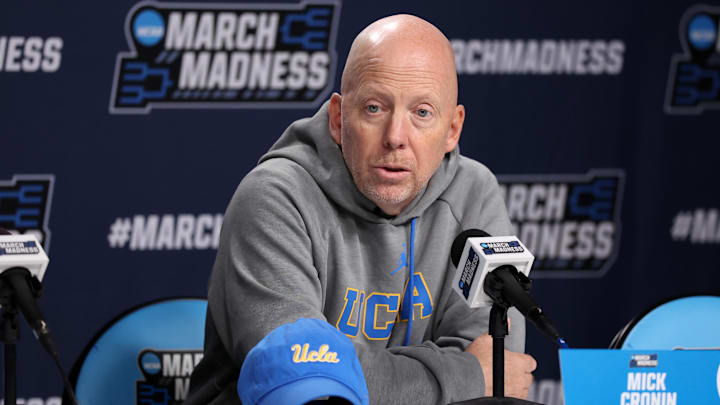 Mar 19, 2026; Philadelphia, PA, USA; UCLA Bruins head coach Mick Cronin speaks with the media before a practice session ahead of the first round of the men's 2026 NCAA Tournament at Xfinity Mobile Arena. Mandatory Credit: Bill Streicher-Imagn Images