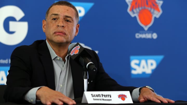 Sep 25, 2017; Greenburgh, NY, USA; New York Knicks general manager Scott Perry speaks to the media on media day at MSG Training Center. Mandatory Credit: Brad Penner-USA TODAY Sports