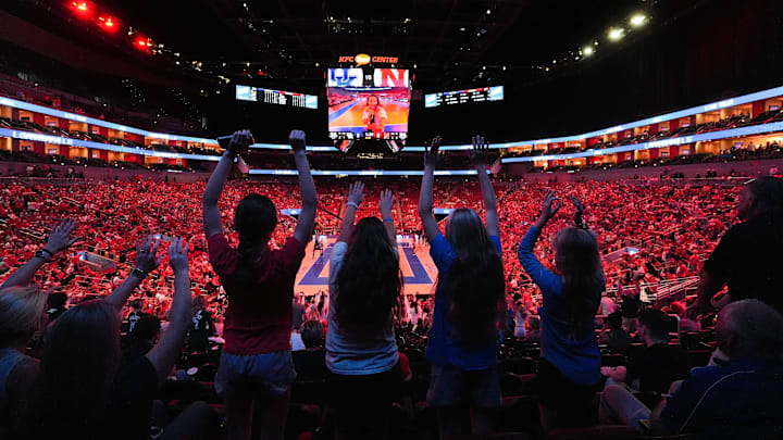 Kentucky volleyball and Nebraska volleyball fans cheered on their team during the AVCA First Serve Showcase at the KFC Yum! Center in Louisville, Ky. on Aug. 27, 2024