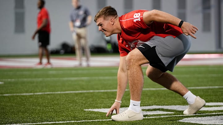 Ohio State Buckeyes quarterback Will Howard warms up for his pro day workout in front of NFL scouts at the Woody Hayes Athletic Cente on March 26, 2025. Ohio State Buckeyes quarterback Will Howard warms up for his pro day workout in front of NFL scouts at the Woody Hayes Athletic Cente on March 26, 2025.