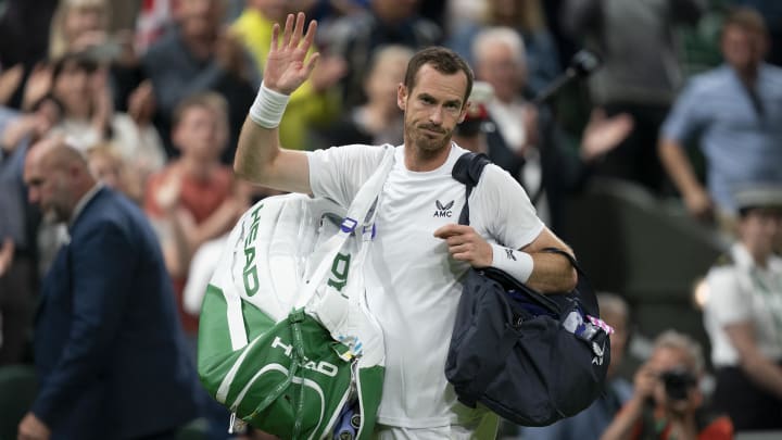 Jun 29, 2022; London, United Kingdom; Andy Murray (GBR) leaves the court after his second round match against John Isner (USA) on day three at All England Lawn Tennis and Croquet Club. Mandatory Credit: Susan Mullane-USA TODAY Sports