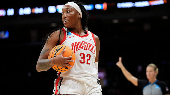 Ohio State Buckeyes forward Cotie McMahon (32) reacts during the second round of the women's NCAA Tournament against the Tennessee Lady Vols at Value City Arena in Columbus on March 23, 2025. Ohio State lost 82-67.