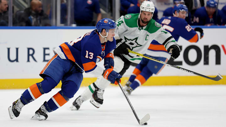Jan 21, 2024; Elmont, New York, USA; New York Islanders center Mathew Barzal (13) skates with the
