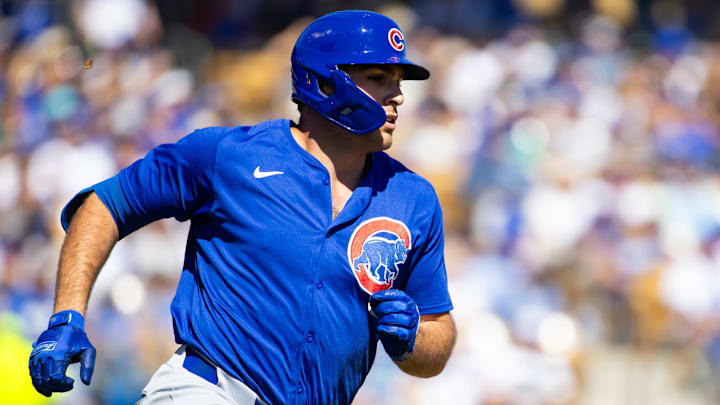Mar 2, 2024; Phoenix, Arizona, USA; Chicago Cubs infielder Matt Mervis rounds the bases after hitting a home run against the Los Angeles Dodgers during a spring training game at Camelback Ranch-Glendale. Mandatory Credit: Mark J. Rebilas-Imagn Images