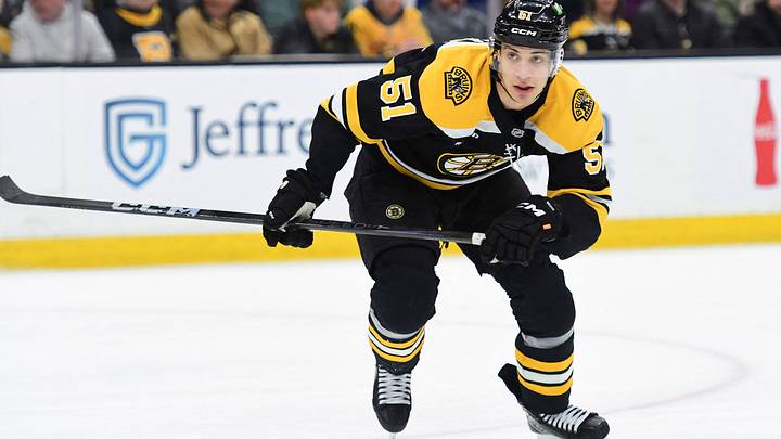 Feb 4, 2025; Boston, Massachusetts, USA; Boston Bruins center Matthew Poitras (51) skates in the offensive zone during the first period against the Minnesota Wild at TD Garden. Mandatory Credit: Bob DeChiara-Imagn Images