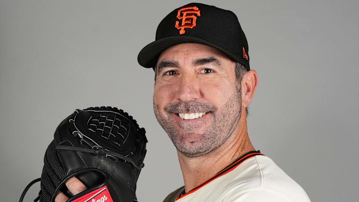 Feb 20, 2025; Scottsdale, AZ, USA; San Francisco Giants pitcher Justin Verlander (35) poses for photo during media day. Feb 20, 2025; Scottsdale, AZ, USA; San Francisco Giants pitcher Justin Verlander (35) poses for photo during media day.