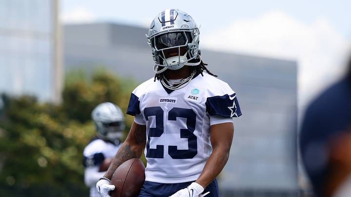Jun 16, 2026; Dallas, TX, USA;  Dallas Cowboys running back Jaydon Blue (23) goes through a drill during practice at the Ford Center at the Star Training Facility in Frisco, Texas. Mandatory Credit: Chris Jones-Imagn Images