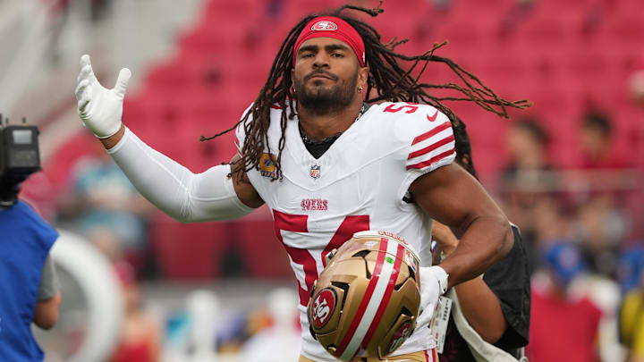 San Francisco 49ers middle linebacker Fred Warner (54) before the game against the Jacksonville Jaguars at Levi's Stadium. San Francisco 49ers middle linebacker Fred Warner (54) before the game against the Jacksonville Jaguars at Levi's Stadium.