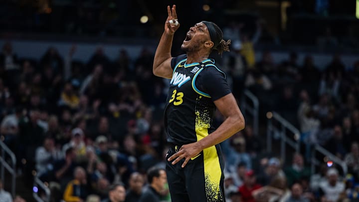 Apr 7, 2024; Indianapolis, Indiana, USA; Indiana Pacers center Myles Turner (33) celebrates a basket in the second half against the Miami Heat at Gainbridge Fieldhouse. Mandatory Credit: Trevor Ruszkowski-USA TODAY Sports Apr 7, 2024; Indianapolis, Indiana, USA; Indiana Pacers center Myles Turner (33) celebrates a basket in the second half against the Miami Heat at Gainbridge Fieldhouse. Mandatory Credit: Trevor Ruszkowski-USA TODAY Sports