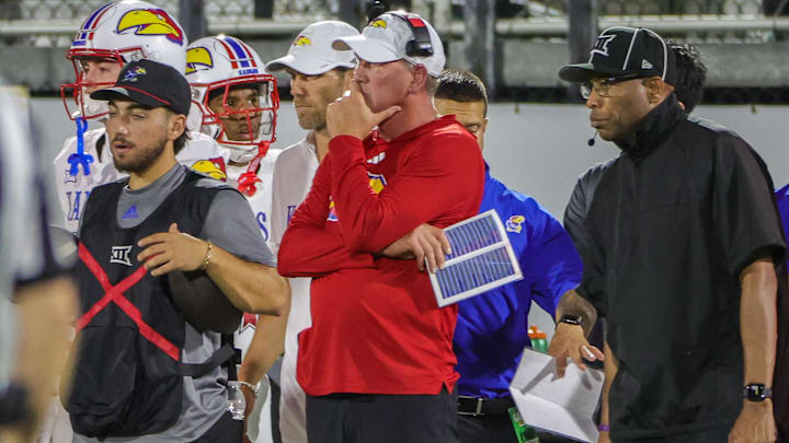 Oct 4, 2025; Orlando, Florida, USA; Kansas Jayhawks head coach Lance Leipold looks on during the second quarter against the UCF Knights at FBC Mortgage Stadium. Mandatory Credit: Mike Watters-Imagn Images