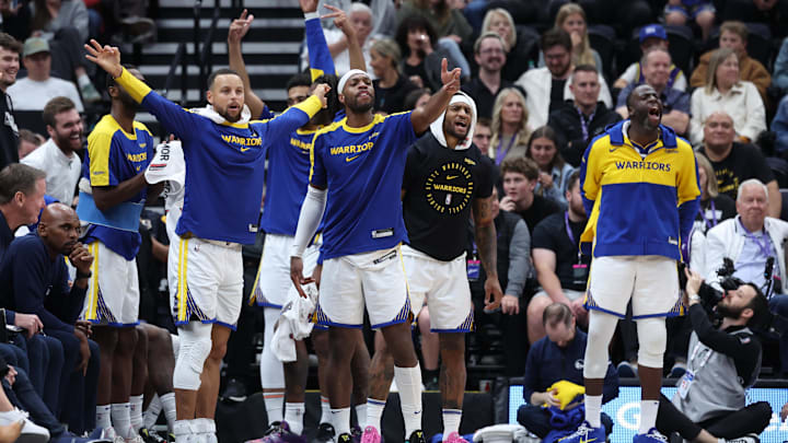 Oct 25, 2024; Salt Lake City, Utah, USA; The Golden State Warriors bench reacts to a play against the Utah Jazz during the fourth quarter at Delta Center. Mandatory Credit: Rob Gray-Imagn Images