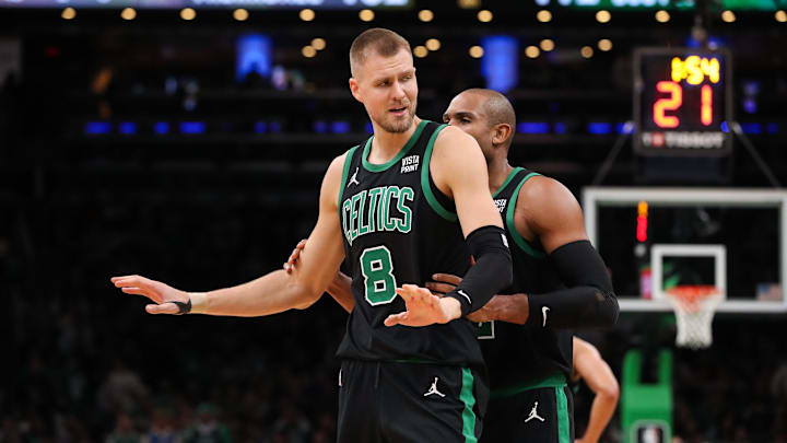 Nov 22, 2023; Boston, Massachusetts, USA; Boston Celtics center Kristaps Porzingis (8) reacts after