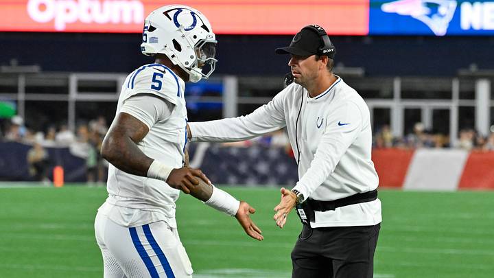 Aug 13, 2026; Foxborough, Massachusetts, USA; Indianapolis Colts head coach Shane Steichen celebrates quarterback Anthony Richardson Sr. (5) for making a touchdown against the New England Patriots during the first half at Gillette Stadium. Mandatory Credit: Eric Canha-Imagn Images Aug 13, 2026; Foxborough, Massachusetts, USA; Indianapolis Colts head coach Shane Steichen celebrates quarterback Anthony Richardson Sr. (5) for making a touchdown against the New England Patriots during the first half at Gillette Stadium. Mandatory Credit: Eric Canha-Imagn Images