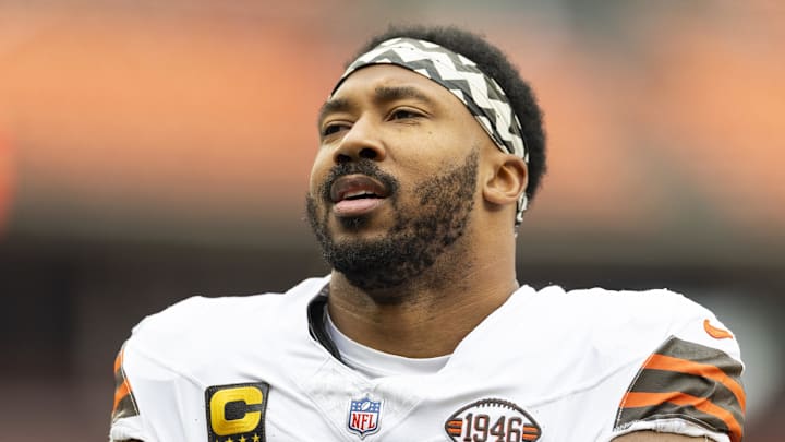 Dec 15, 2024; Cleveland, Ohio, USA; Cleveland Browns defensive end Myles Garrett (95) during warm ups before the game against the Kansas City Chiefs at Huntington Bank Field. Mandatory Credit: Scott Galvin-Imagn Images