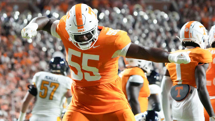 Tennessee defensive lineman Omarr Norman-Lott (55) celebrating after a play during the NCAA college football game against Kent State on Saturday, Sept. 14, 2024 in Knoxville, Tenn.