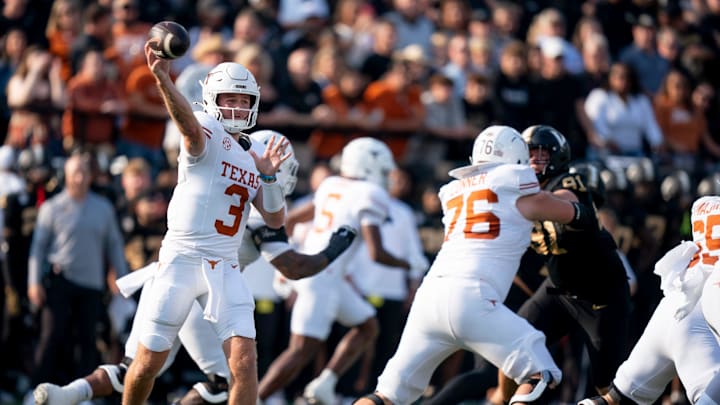 Texas quarterback Quinn Ewers (3) throws against the Vanderbilt Commodores during the first half of their game at FirstBank Stadium in Nashville on Oct. 26, 2024.