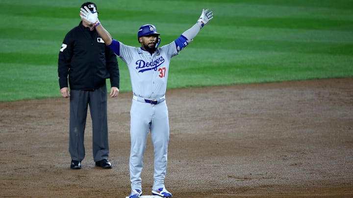 Oct 30, 2024; New York, New York, USA; Los Angeles Dodgers outfielder Teoscar Hernandez (37) celebrates after hitting a two-RBI double during the fifth inning against the New York Yankees in game five of the 2024 MLB World Series at Yankee Stadium. Oct 30, 2024; New York, New York, USA; Los Angeles Dodgers outfielder Teoscar Hernandez (37) celebrates after hitting a two-RBI double during the fifth inning against the New York Yankees in game five of the 2024 MLB World Series at Yankee Stadium.