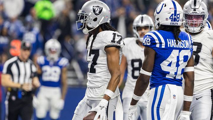 Dec 31, 2023; Indianapolis, Indiana, USA; Las Vegas Raiders wide receiver Davante Adams (17) celebrates his touchdown in the second half against the Indianapolis Colts at Lucas Oil Stadium. Mandatory Credit: Trevor Ruszkowski-USA TODAY Sports Dec 31, 2023; Indianapolis, Indiana, USA; Las Vegas Raiders wide receiver Davante Adams (17) celebrates his touchdown in the second half against the Indianapolis Colts at Lucas Oil Stadium. Mandatory Credit: Trevor Ruszkowski-USA TODAY Sports
