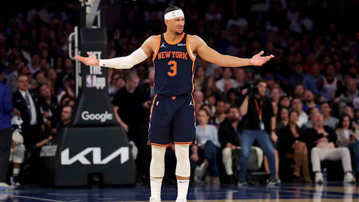 Apr 21, 2025; New York, New York, USA; New York Knicks guard Josh Hart (3) reacts during the third quarter of game two of the first round of the 2024 NBA Playoffs against the Detroit Pistons at Madison Square Garden. Mandatory Credit: Brad Penner-Imagn Images