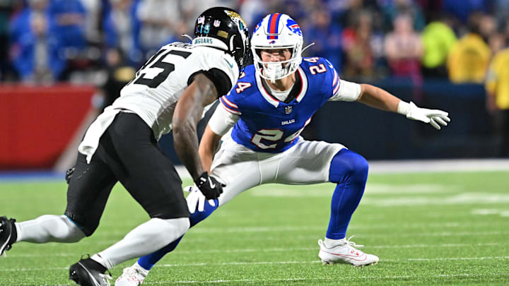 Sep 23, 2024; Orchard Park, New York, USA; Buffalo Bills safety Cole Bishop (24) in pass coverage against Jacksonville Jaguars wide receiver Tim Jones (15) in the second quarter at Highmark Stadium.