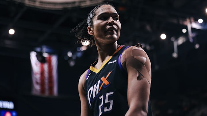 Jul 27, 2025; Washington, District of Columbia, USA; Phoenix Mercury forward Alyssa Thomas (25) reacts after a making a shot in the third quarter against the Washington Mystics at CareFirst Arena. Mandatory Credit: Emily Faith Morgan-Imagn Images