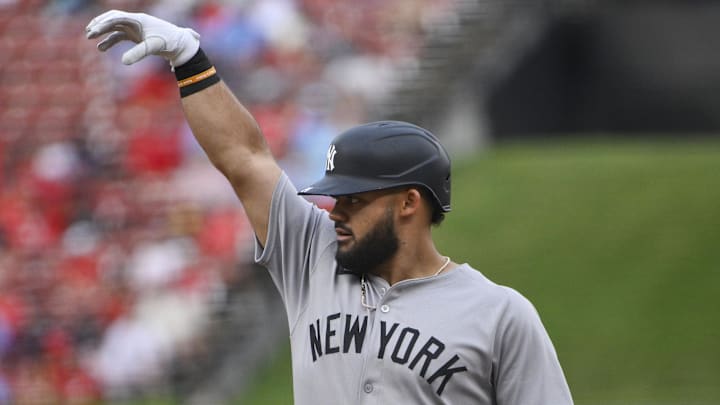 Aug 16, 2025; St. Louis, Missouri, USA;  New York Yankees left fielder Jasson Dominguez (24) reacts after hitting a one run single against the St. Louis Cardinals during the first inning at Busch Stadium. Mandatory Credit: Jeff Curry-Imagn Images