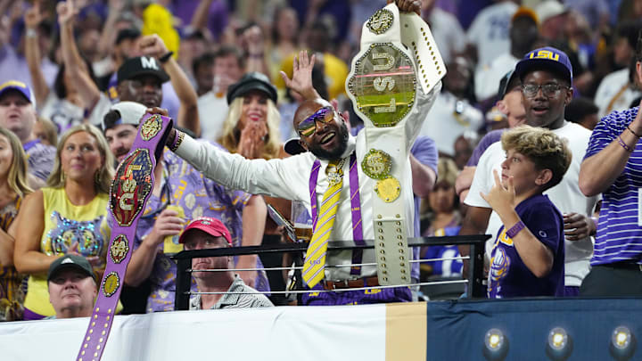 Sep 1, 2024; Paradise, Nevada, USA; An LSU Tigers fan cheers during the third quarter of a game between the Tigers and the Southern California Trojans at Allegiant Stadium. Mandatory Credit: Stephen R. Sylvanie-Imagn Images