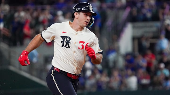 Texas Rangers left fielder Wyatt Langford (36) runs the bases after hitting a solo home run during the sixth inning against the Cleveland Guardians at Globe Life Field. Texas Rangers left fielder Wyatt Langford (36) runs the bases after hitting a solo home run during the sixth inning against the Cleveland Guardians at Globe Life Field.