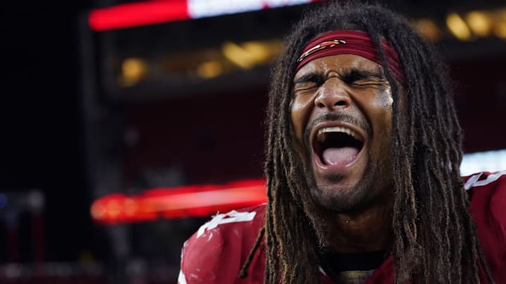 Sep 9, 2024; Santa Clara, California, USA; San Francisco 49ers linebacker Fred Warner (54) celebrates after a victory against the New York Jets at Levi's Stadium. Mandatory Credit: David Gonzales-Imagn Images