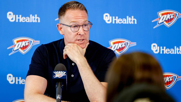 Sam Presti speaks to the press in Oklahoma City, on Tuesday, May 28, 2024.