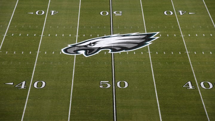 Nov 28, 2016; Philadelphia, PA, USA; General overall view of the Philadelphia Eagles logo at midfield during NFL football game against the Green Bay Packers at Lincoln Financial Field. Mandatory Credit: Kirby Lee-Imagn Images