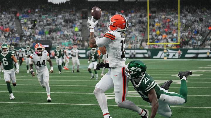 Oct 11, 2026; East Rutherford, New Jersey, USA; Cleveland Browns wide receiver Denzel Boston (12) scores on a touchdown reception during the fourth quarter against New York Jets cornerback Brandon Stephens (21) at MetLife Stadium. Mandatory Credit: Robert Deutsch-Imagn Images Oct 11, 2026; East Rutherford, New Jersey, USA; Cleveland Browns wide receiver Denzel Boston (12) scores on a touchdown reception during the fourth quarter against New York Jets cornerback Brandon Stephens (21) at MetLife Stadium. Mandatory Credit: Robert Deutsch-Imagn Images
